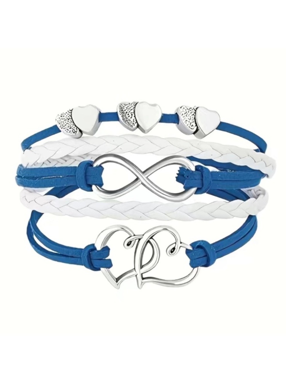 Blue & White Leather Multi Layer Double Heart Infinity Bracelet